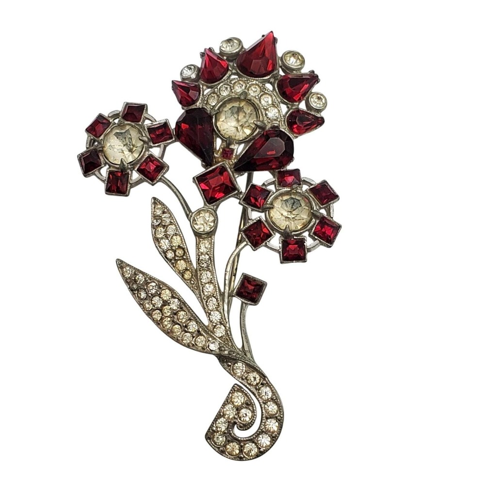 Vintage Flower Brooch Red Rhinestone Pot Metal Silver Tone Bouquet Pin Statement